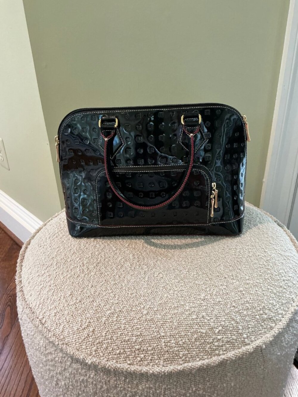 Arcadia Black Patent Dome Satchel Bowler Bag Embossed Logo